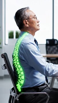 A mature businessman demonstrates the difference between poor posture and healthy spinal alignment while sitting at a modern office desk