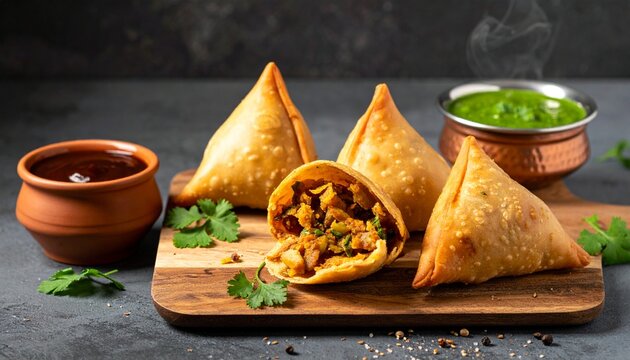 Crispy fried Indian samosas served with chutney dips