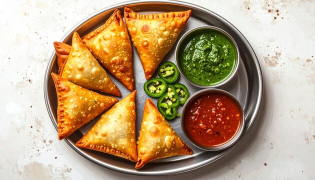 Crispy fried samosas with green and red chutney
