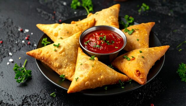 Crispy Indian samosas served with spicy red chutney
