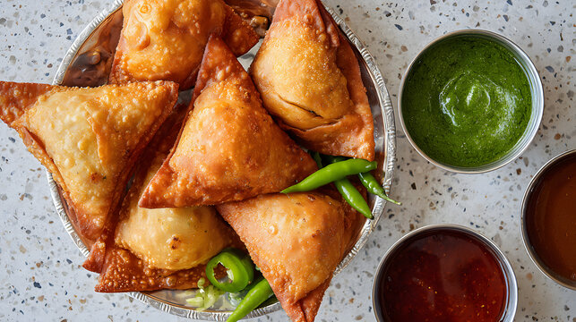 Golden Indian samosas serve with spicy dipping sauces