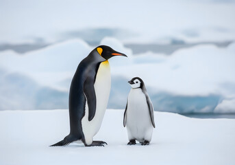 Obraz premium Gentoo penguin and chick standing on icy landscape
