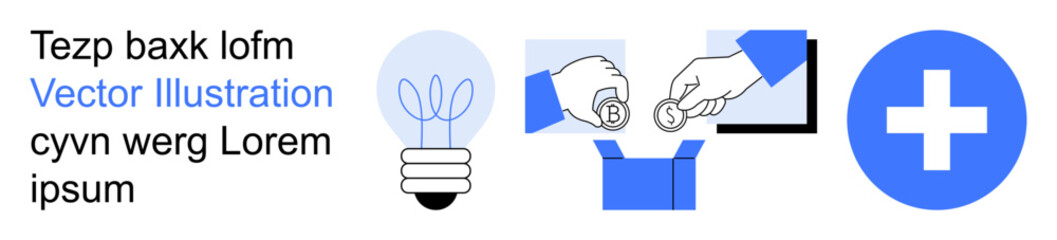 Obraz premium Charity, health services, innovation, donation, medical aid, philanthropy. Hand placing coin into donation box, lightbulb cross symbol. Charity and health services concept