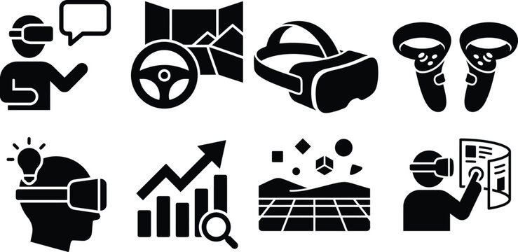 Set of virtual reality and augmented experience icons showing digital interaction and immersive technology