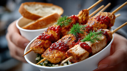 Hands holding bowl of grilled chicken skewers with dill and rice served with bread for casual travel meal background and food banner