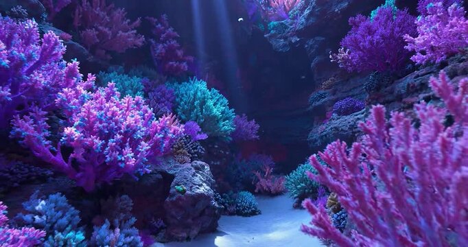 Vibrant coral reef underwater seascape tropical ocean colorful sea life marine nature sun ray aquatic landscape deep blue water sandy seabed colorful coral reef underwater canyon marine life sunlight