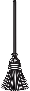 Vintage broom vector illustration, classic wooden besom with long handle, black and white cleaning tool icon, retro household sweeping equipment