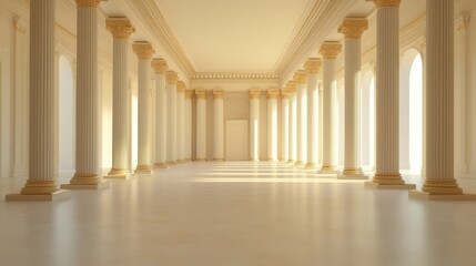 Fototapeta premium Sunlit grand corridor with tall columns, high ceiling, ornate arches, and serene atmosphere