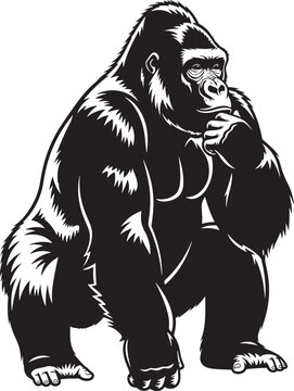 Gorilla vector illustration in black and white, powerful silverback ape mascot, thinking primate sitting in contemplative pose, wild animal graphic