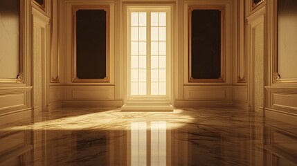 Fototapeta premium Elegant, sunlit hall with tall windows, marble floor, and classic columns, exuding luxury and warmth