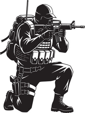 Tactical soldier silhouette vector, special forces operator kneeling with rifle, military mercenary in combat gear with backpack and weapon