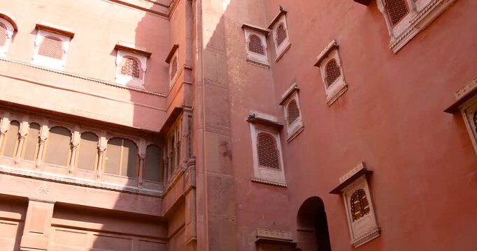 Upward tilting view of architecture of historic Junagarh Fort in Bikaner, Rajasthan