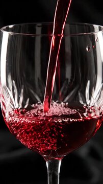 A clear crystal glass is being filled with a vibrant red liquid against a dark background