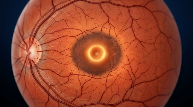 Detailed Human Retina with Glowing Fovea and Macula. Medical illustration of eye anatomy, optic disc and intricate blood vessels.