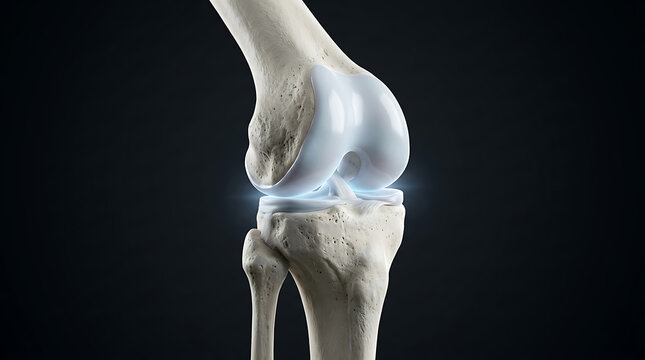 Detailed 3D rendering of healthy human knee joint anatomy with highlighted cartilage, medical illustration on dark background