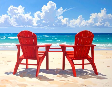 Two red beach chairs on a sandy shore facing the ocean