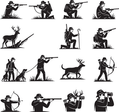 Vintage hunter silhouettes set, black and white hunting icons with rifles and bows, deer hunting vector collection for outdoor sports and wildlife logos
