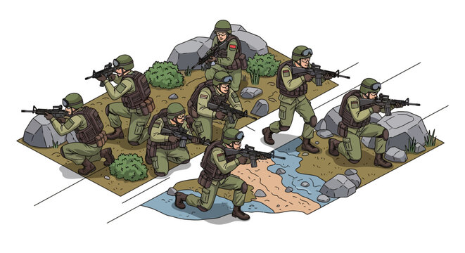 Isometric 3D illustration shows a military planning session in an army camp with soldiers in uniform and helmets, positioned near a small stream and rocks, all rendered in a detailed vector