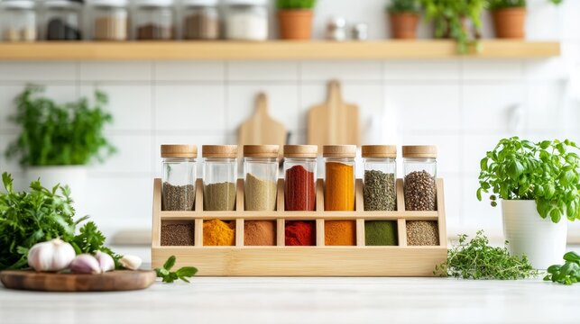 A wooden spice rack holds assorted colorful spices in glass jars, surrounded by fresh herbs on a kitchen counter
