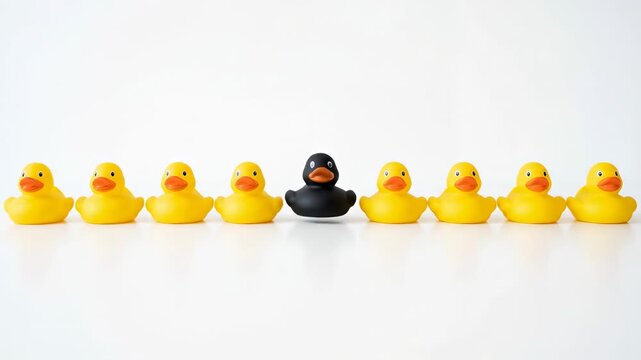 Row of yellow ducks with one black duck individuality concept animation