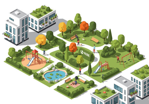 Isometric urban park with residential buildings and playgrounds, showcasing green spaces