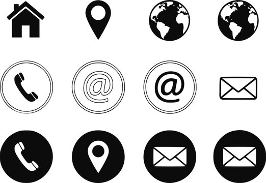 Set of black and white contact including house, map pin, globe, phone, email, and envelope