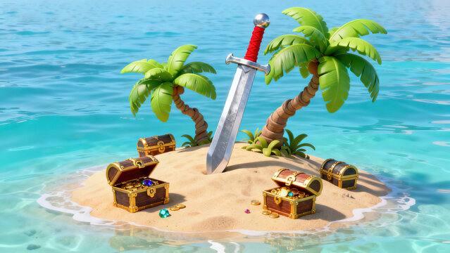3D Cartoon-Style Pirate Treasure Tropical Island