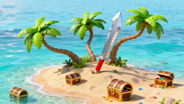 3D Cartoon-Style Pirate Treasure Tropical Island