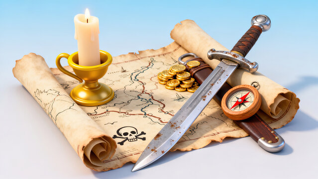 3D Still Life Rendering of Pirate-Themed Vintage Treasure Props