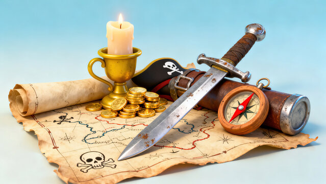 3D Still Life Rendering of Pirate-Themed Vintage Treasure Props