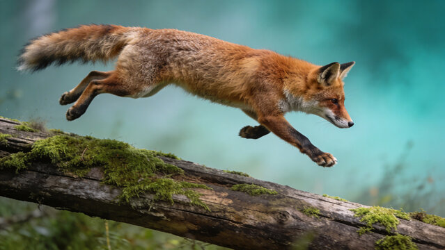 Red Fox Jumping Over Log Hurriedly.