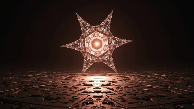 Symmetrical glowing mandala pattern rotating on reflective dark floor, magical sacred geometry ornament shining with bright light in empty space. Spiritual energy and zen meditation visual art