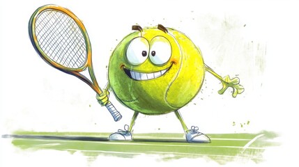 Obraz premium 13.Old-school cartoon tennis ball character in a dynamic stance, whimsical facial features, thick outlines, and simplified shading, gripping a racket with exaggerated enthusiasm.