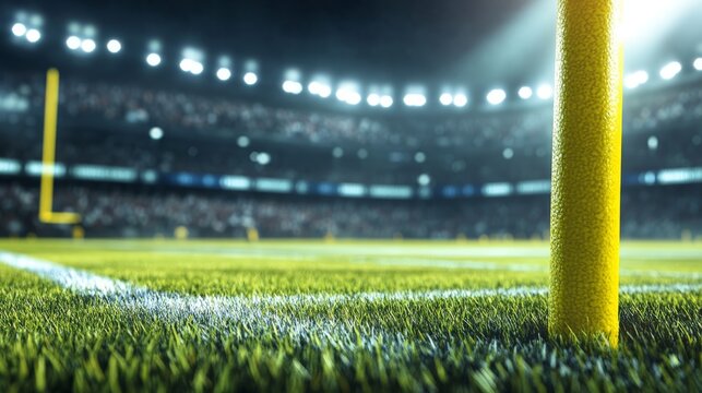 28.Concept = American football arena with yellow goal post, grass field and blurred fans at playground view. 3D render. Flashlights. Concept of outdoor sport, football, championship, match, game space