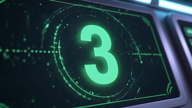 Futuristic digital display screen showing a glowing green number three as part of a technical countdown.