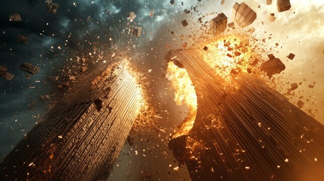 35.Dramatic conceptual scene showing two opposing economic forces represented by towering structures colliding, sparks and debris symbolizing rising tension in global trade dynamics.
