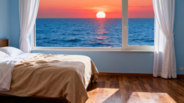 Sunset View from Floor-to-Ceiling Window in Sea View Bedroom