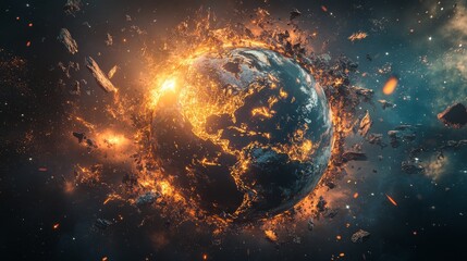 Obraz premium 44.Conceptual artwork of Earth surrounded by chaotic symbols of conflict, its surface glowing with strain, representing worldwide consequences and collective loss.
