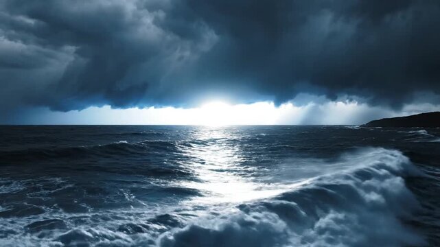 Stormy sea at sunset.