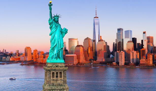 NYC panorama with Statue of Liberty. American freedom. Manhattan skyline with Statue of Liberty. Vote in USA. New York City iconic panorama and Liberty Statue. Manhattan by the Statue of Liberty.