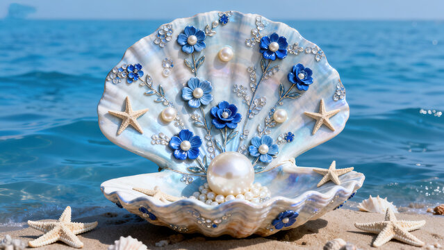 Scallop Shell Decoration Inlaid with Pearls and Blue Flowers