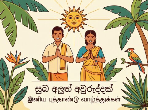Happy Sinhala and Tamil New Year Greeting Illustration