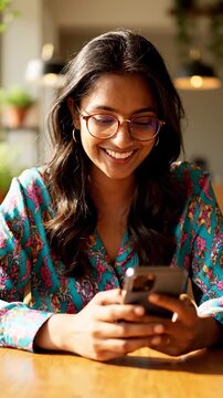A young woman with glasses smiles while looking at her mobile phone in a cafe