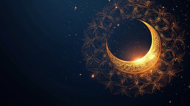 71.Elegant Ramadan template with intricate arabesque border framing a soft glowing center, moon-shaped motifs, and delicate geometric patterns radiating outward.