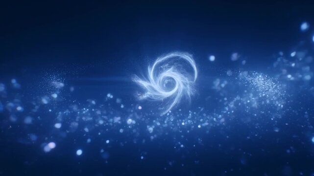 A glowing blue spiral of light particles rotates against a dark background with soft bokeh