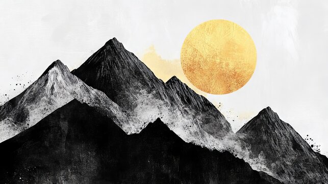 85.Abstract linear mountain silhouette with overlapping contours, bold black strokes on white backdrop, shimmering gold moon accent providing opulent focal point, serene and modern vector composition.