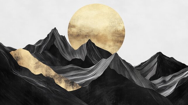 85.Abstract linear mountain silhouette with overlapping contours, bold black strokes on white backdrop, shimmering gold moon accent providing opulent focal point, serene and modern vector composition.
