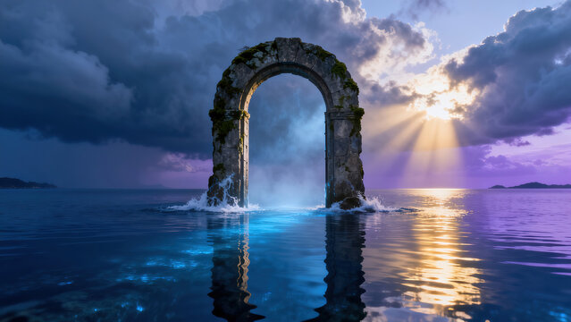 Mysterious Stone Arch and Light in Sea at Dusk