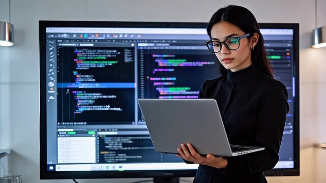Woman with laptop in front of code screen