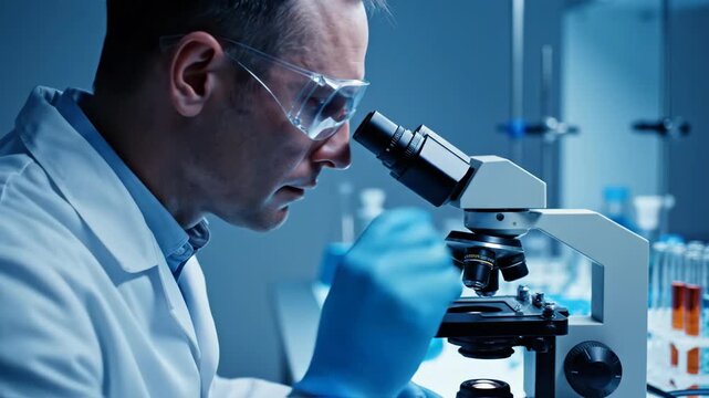 Scientist Examining Sample Under Microscope in Laboratory Setting.